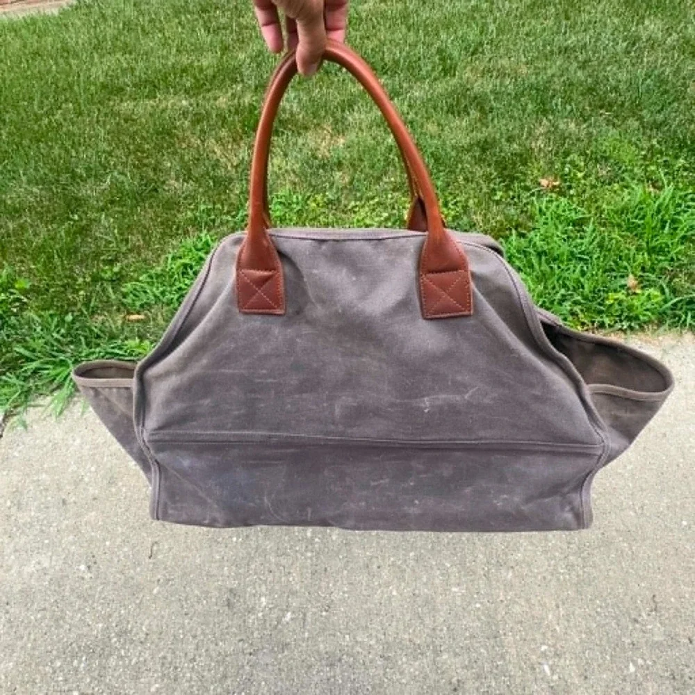 L.L.Bean Waxed Canvas Log Carrier Firewood Tote Leather Handles Brown Wood Carry